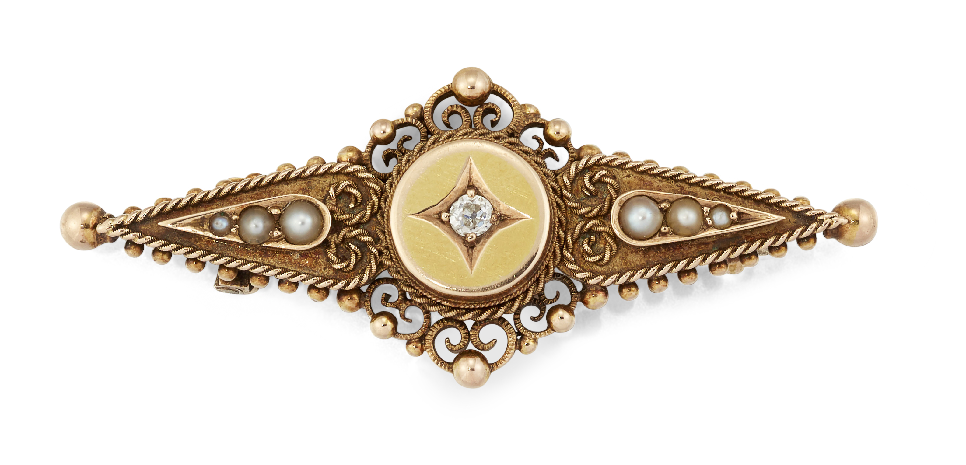 A VICTORIAN 15CT DIAMOND AND SEED PEARL BROOCH,