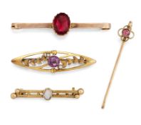 FOUR GOLD AND GEMSET BAR BROOCHES,