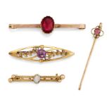 FOUR GOLD AND GEMSET BAR BROOCHES,