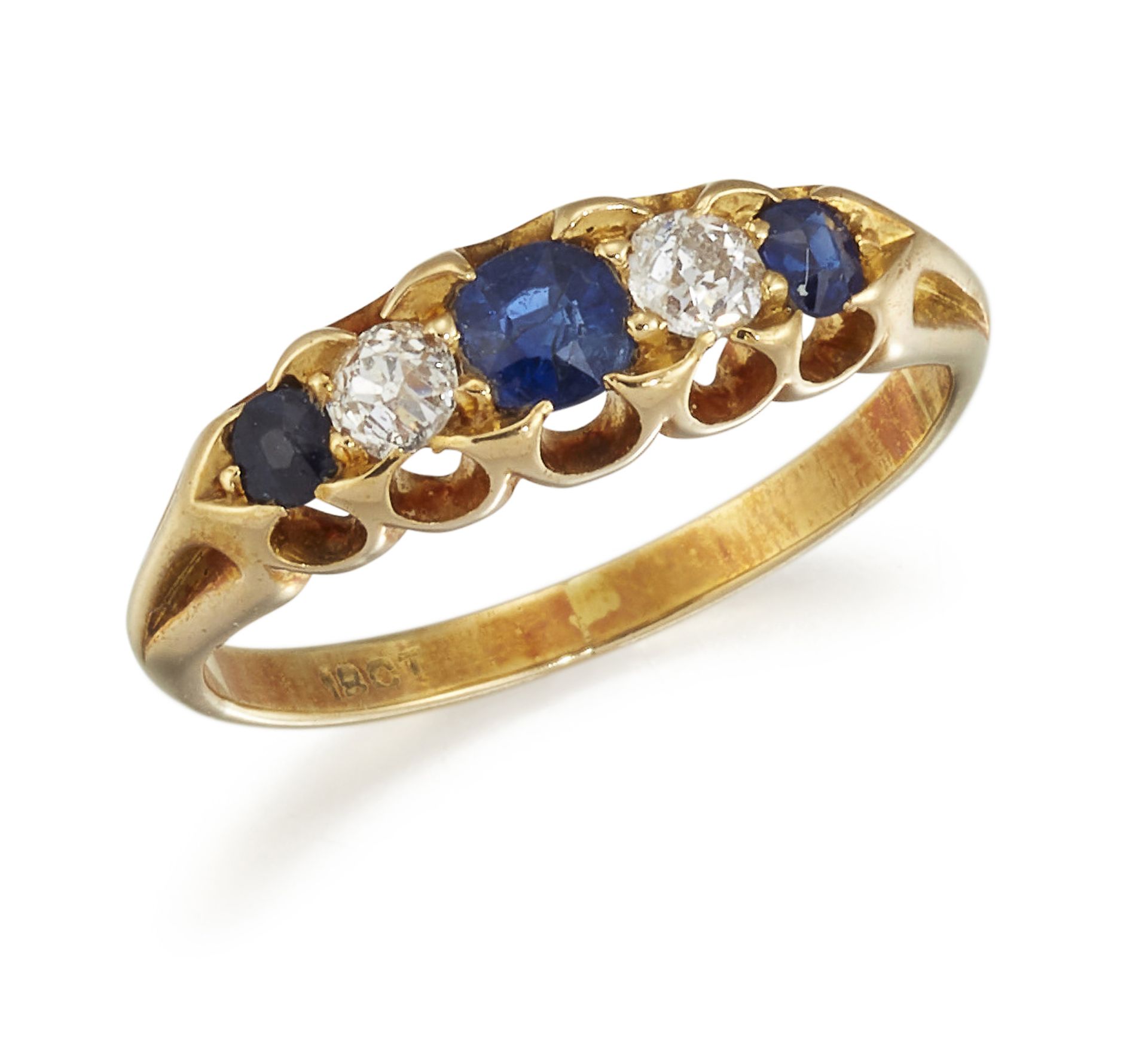 AN 18CT FIVE STONE SAPPHIRE AND DIAMOND RING,