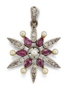 AN EARLY 20TH CENTURY DIAMOND, RUBY AND PEARL PENDANT,