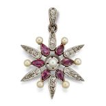 AN EARLY 20TH CENTURY DIAMOND, RUBY AND PEARL PENDANT,