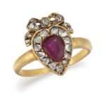 A 19TH CENTURY RUBY AND DIAMOND HEART RING,