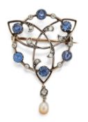 AN EARLY 20TH CENTURY SAPPHIRE, DIAMOND AND PEARL BROOCH,