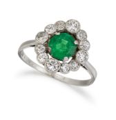 A PLATINUM EMERALD AND DIAMOND CLUSTER RING,