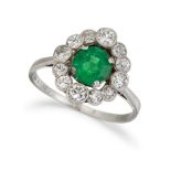 A PLATINUM EMERALD AND DIAMOND CLUSTER RING,