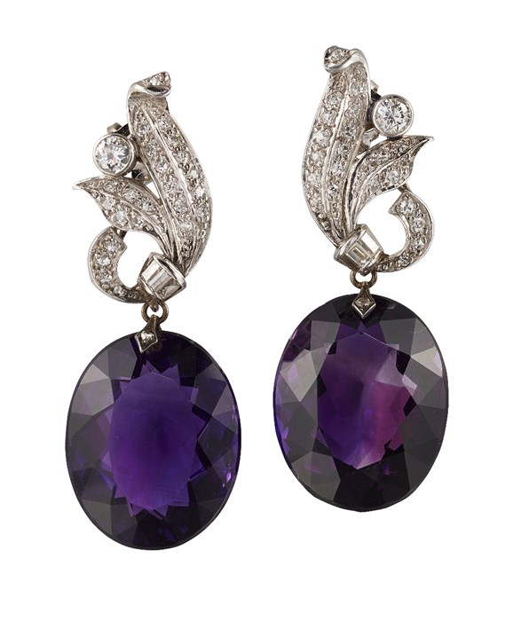 A PAIR OF MID 20TH CENTURY AMETHYST AND DIAMOND DROP EARRINGS