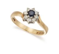 A 9CT SAPPHIRE AND DIAMOND CLUSTER RING,