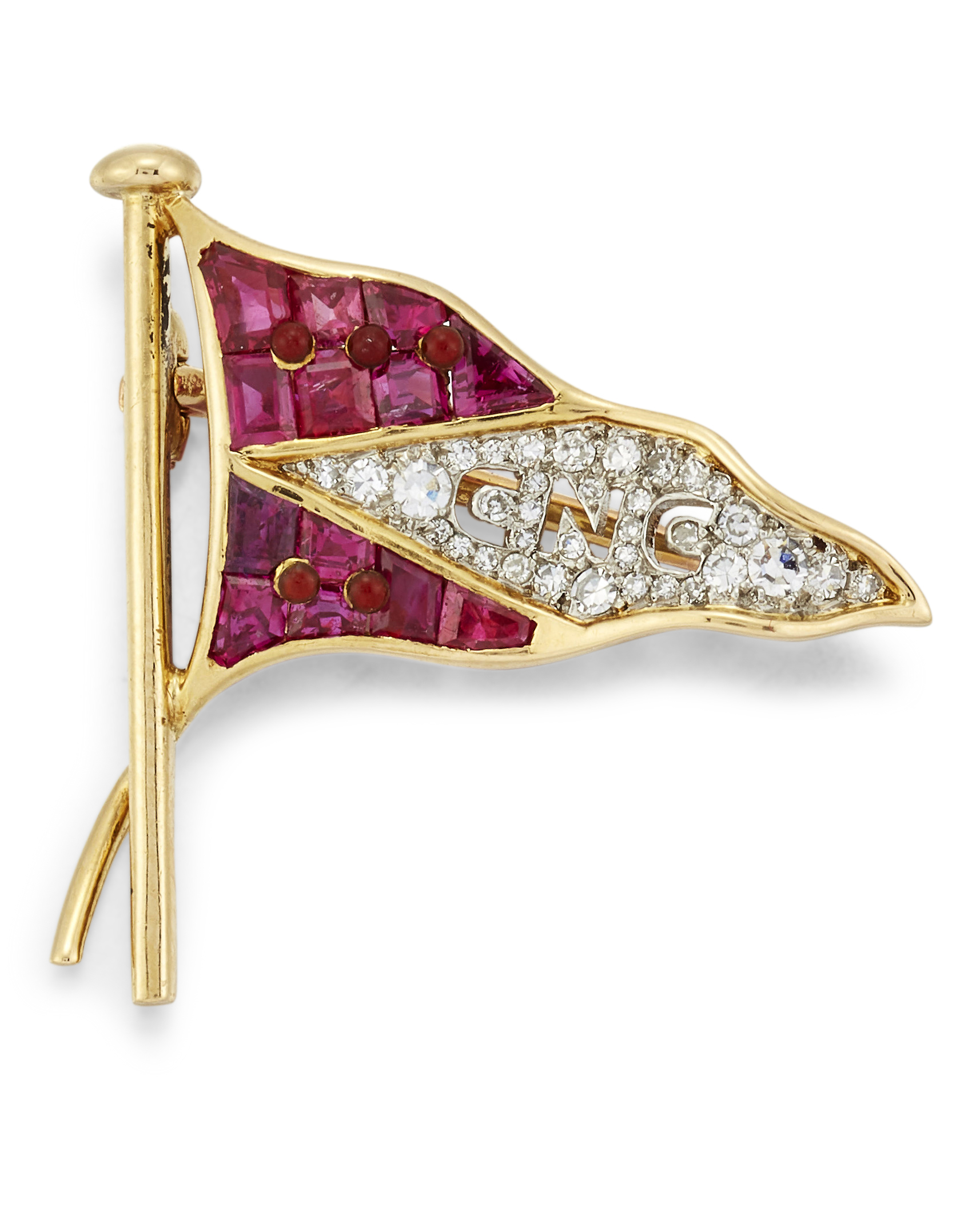 A CARTIER 18CT RUBY AND DIAMOND BURGEE BROOCH,