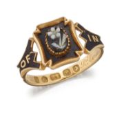 A VICTORIAN 18 CARAT GOLD AND ENAMEL MOURNING RING, hallmarked London 1848, engraved with name and