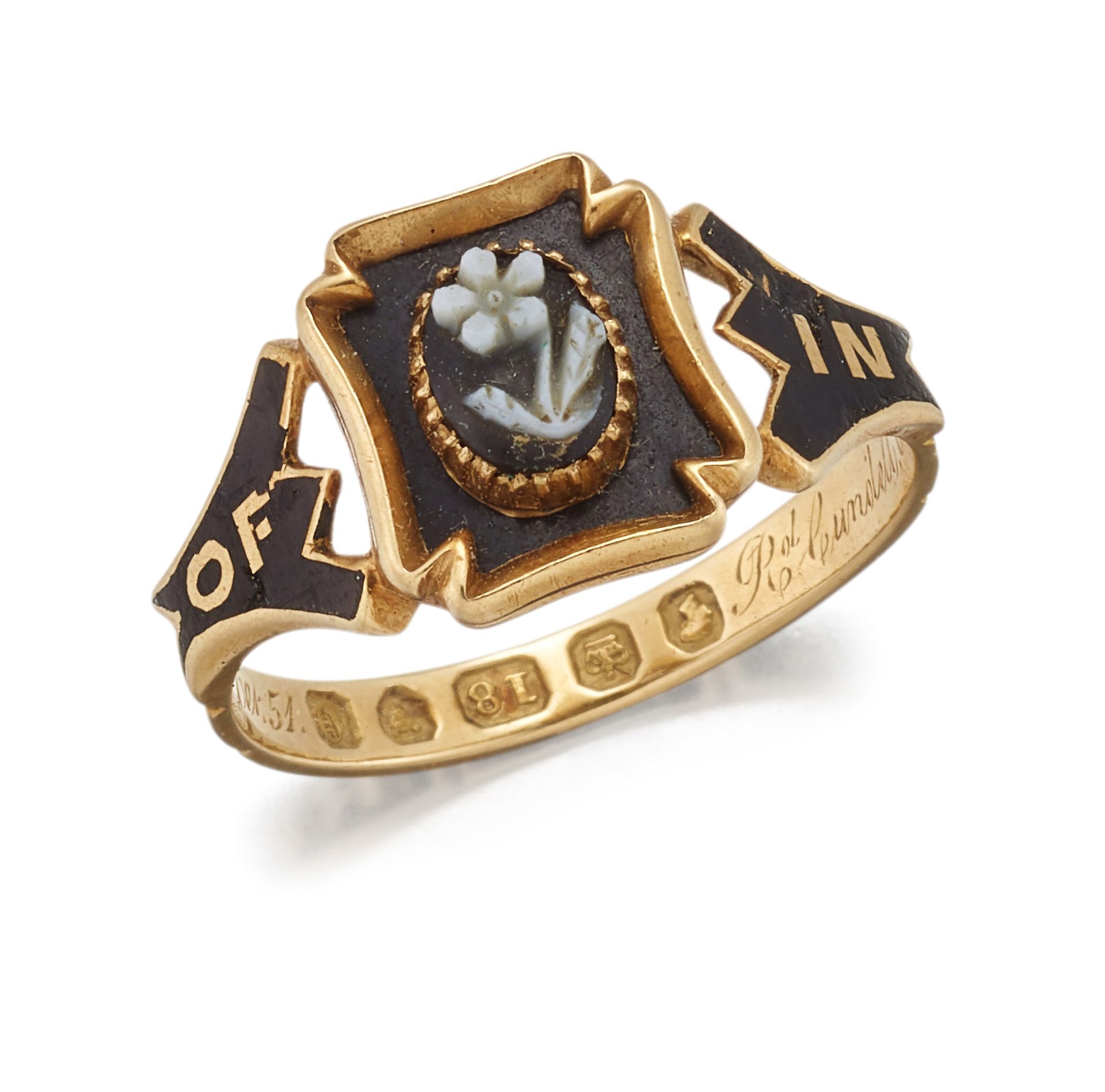 A VICTORIAN 18 CARAT GOLD AND ENAMEL MOURNING RING, hallmarked London 1848, engraved with name and