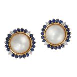 A PAIR OF MABÉ PEARL AND SAPPHIRE EARRINGS