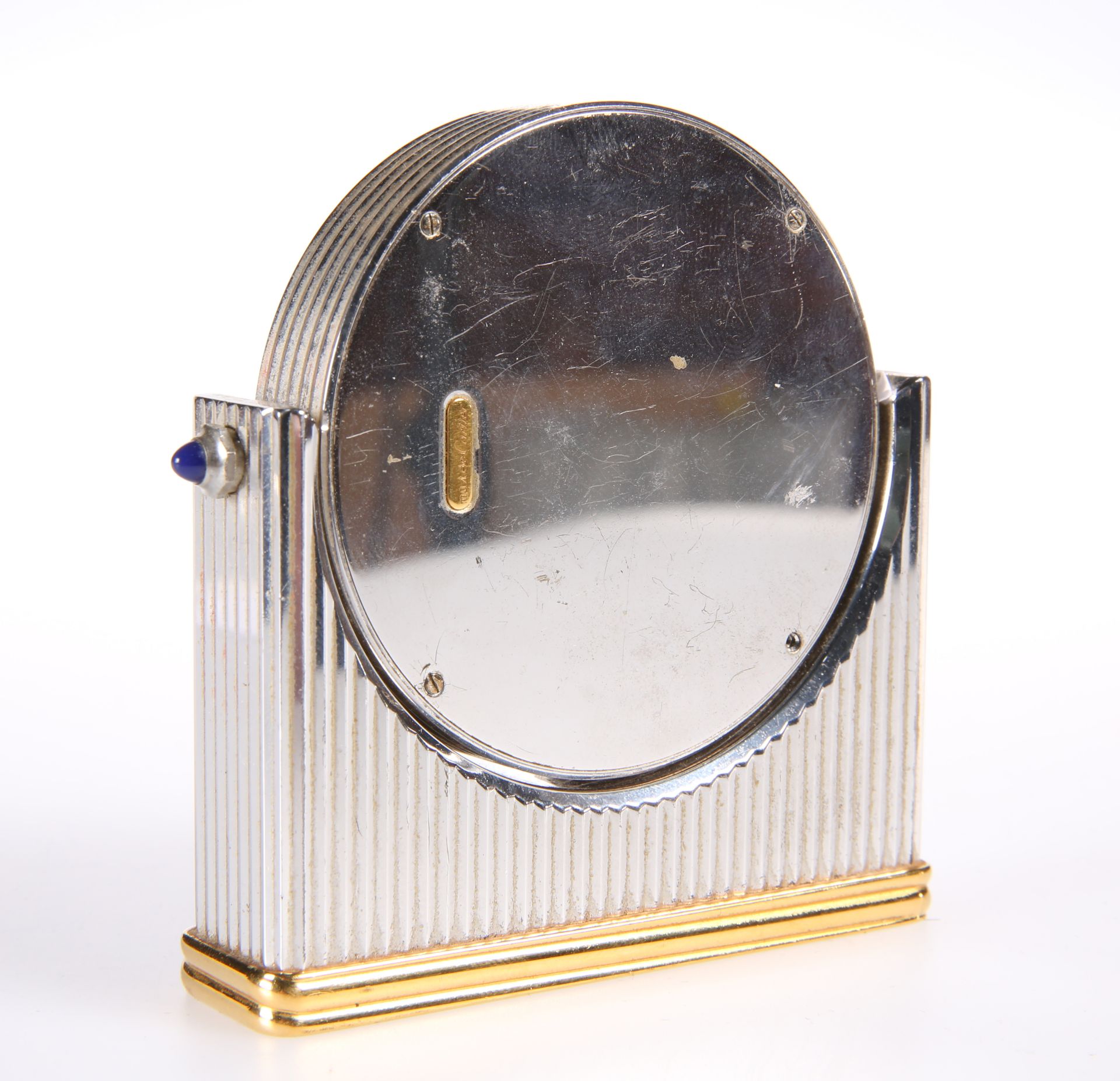 A CARTIER BI-COLOURED METAL DESK CLOCK, the reeded case with applied blue cabochons to the shoulders - Image 3 of 3