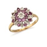 A 9CT RUBY AND DIAMOND CLUSTER RING,