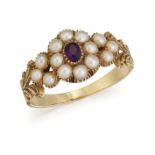 AN EARLY 19TH CENTURY AMETHYST AND SPLIT PEARL RING,