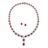 AN 18CT WHITE GOLD RUBY AND DIAMOND CLUSTER NECKLACE AND MATCHING EARRINGS,