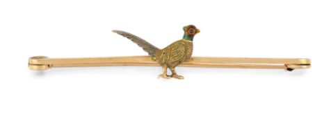 A 15CT AND ENAMEL PHEASANT BROOCH,