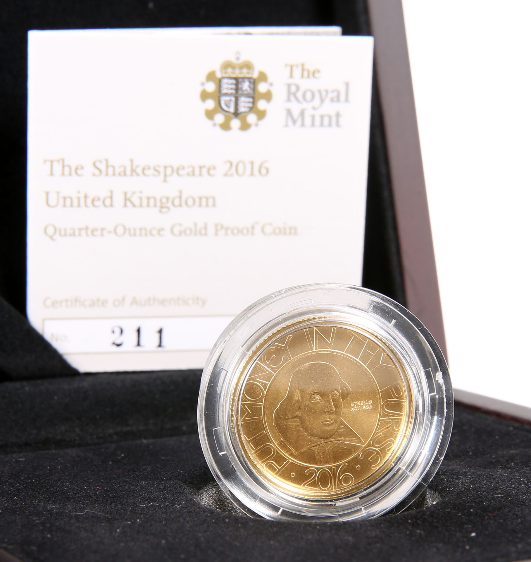 A ROYAL MINT QUARTER-OUNCE GOLD PROOF COIN, "THE SHAKESPEARE 2016", boxed with COA no. 211