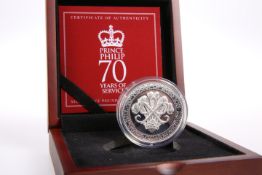 A SILVER FIVE POUND PIEDFORT COIN, "PRINCE PHILIP 70 YEARS OF SERVICE", boxed with COA no. 189