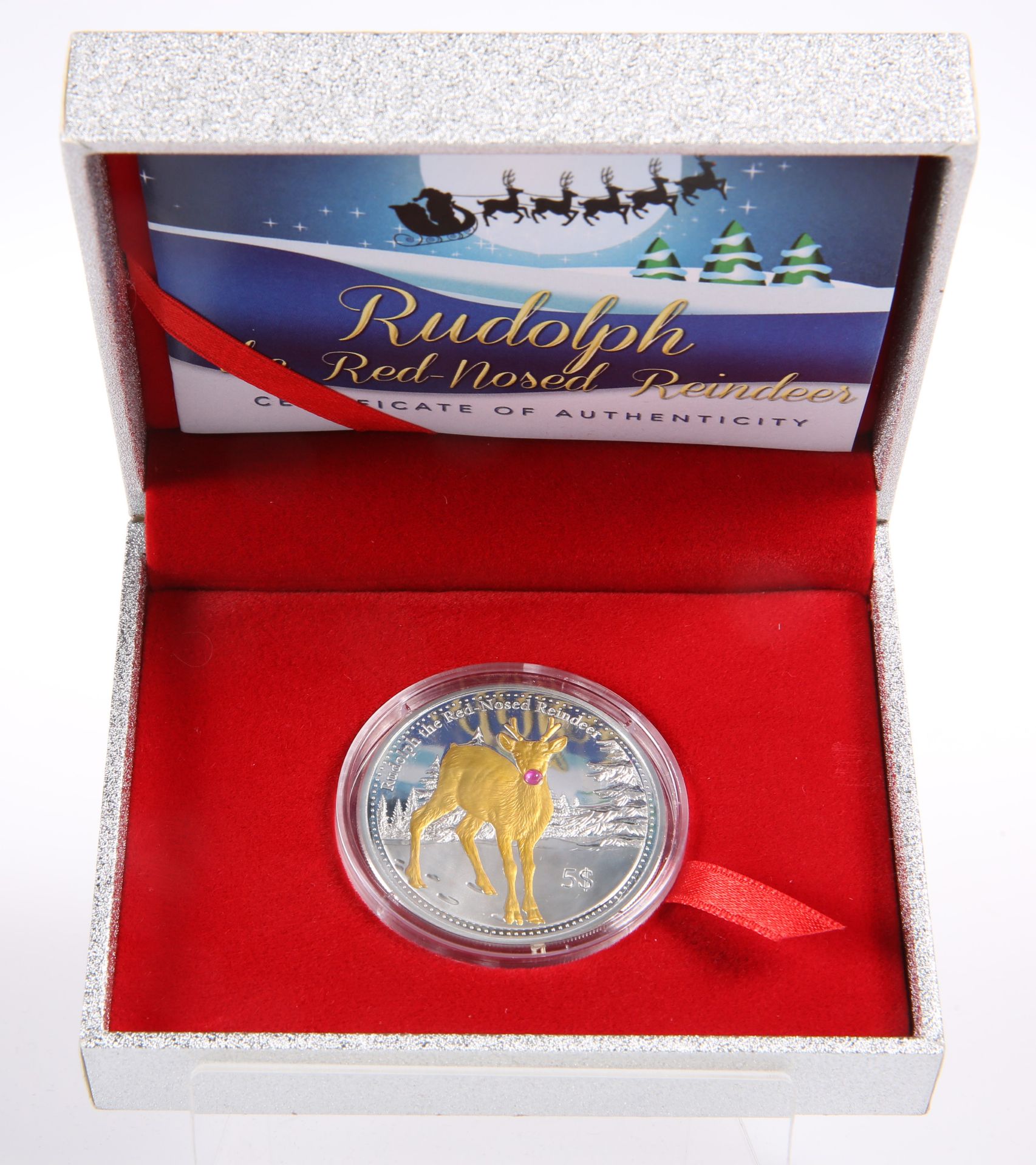 A RUDOLPH THE RED-NOSED REINDEER SILVER FIVE DOLLARS PROOF, with special ruby element, boxed with