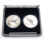 TWO AUSTRALIAN KANGAROO 1OZ FINE SILVER ONE DOLLAR COINS, boxed