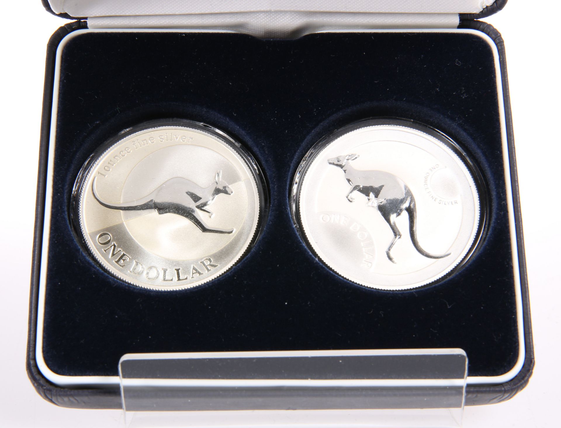 TWO AUSTRALIAN KANGAROO 1OZ FINE SILVER ONE DOLLAR COINS, boxed