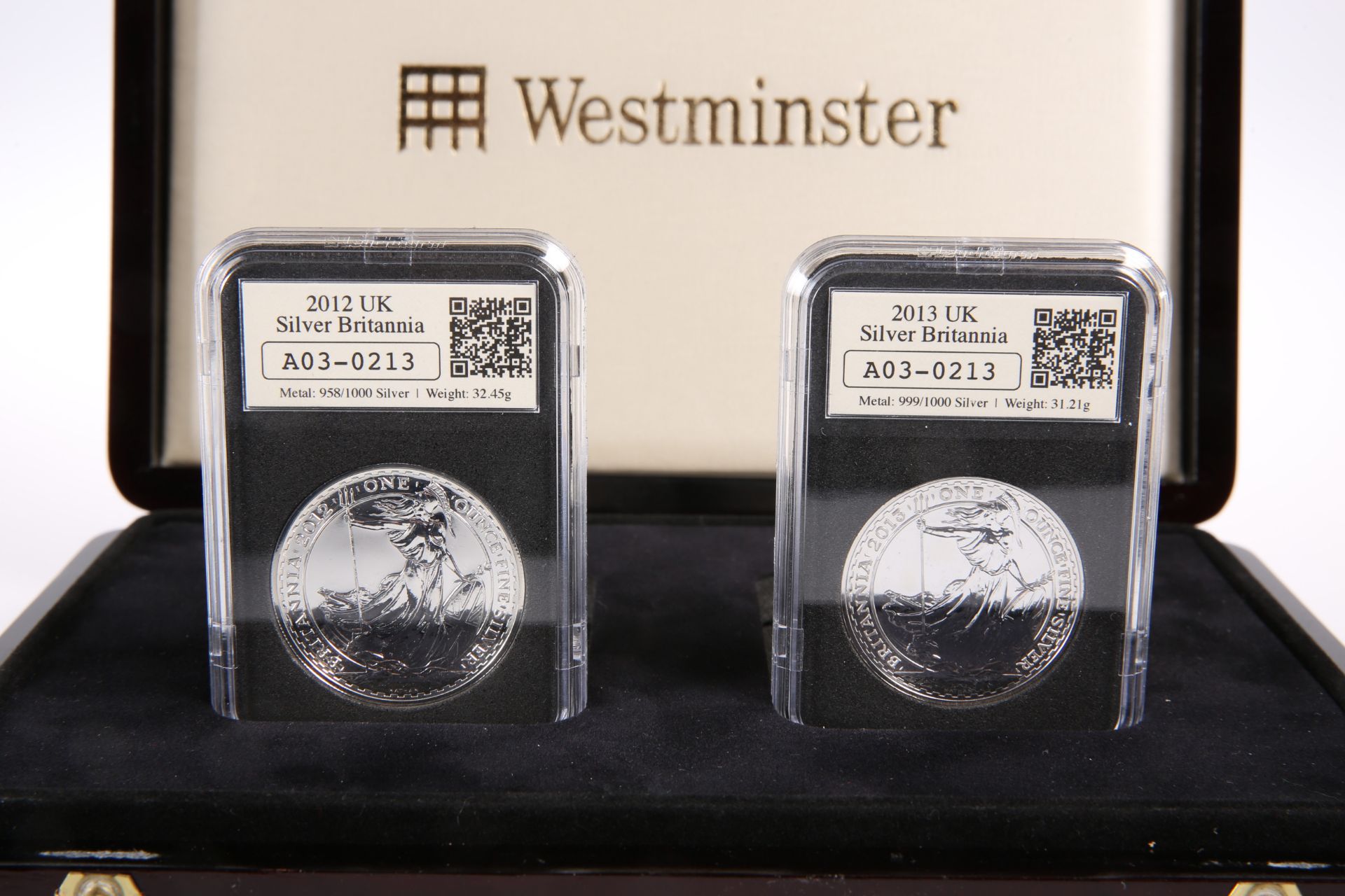 A DATESTAMP TWO-COIN '958' AND '999' SILVER BRITANNIA SET, comprising 2012 and 2013, boxed with COA