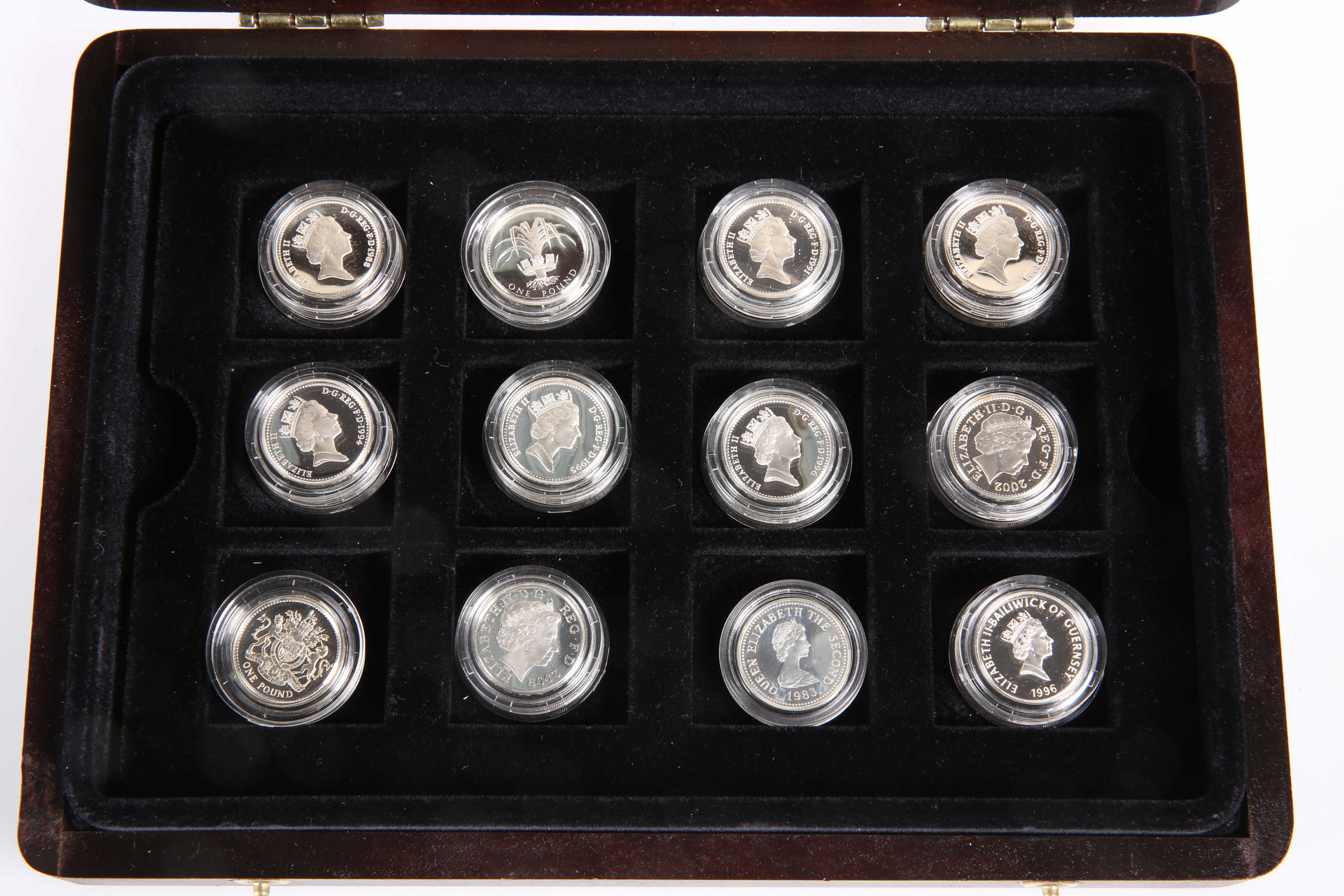 TWELVE SILVER ONE POUND COINS, (ten with COA), boxed - Image 2 of 2
