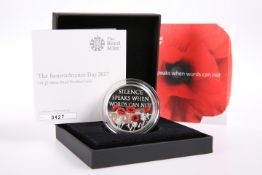 A ROYAL MINT £5 SILVER PROOF PIEDFORT COIN, "THE REMEMBRANCE DAY 2017", boxed with COA no. 0427