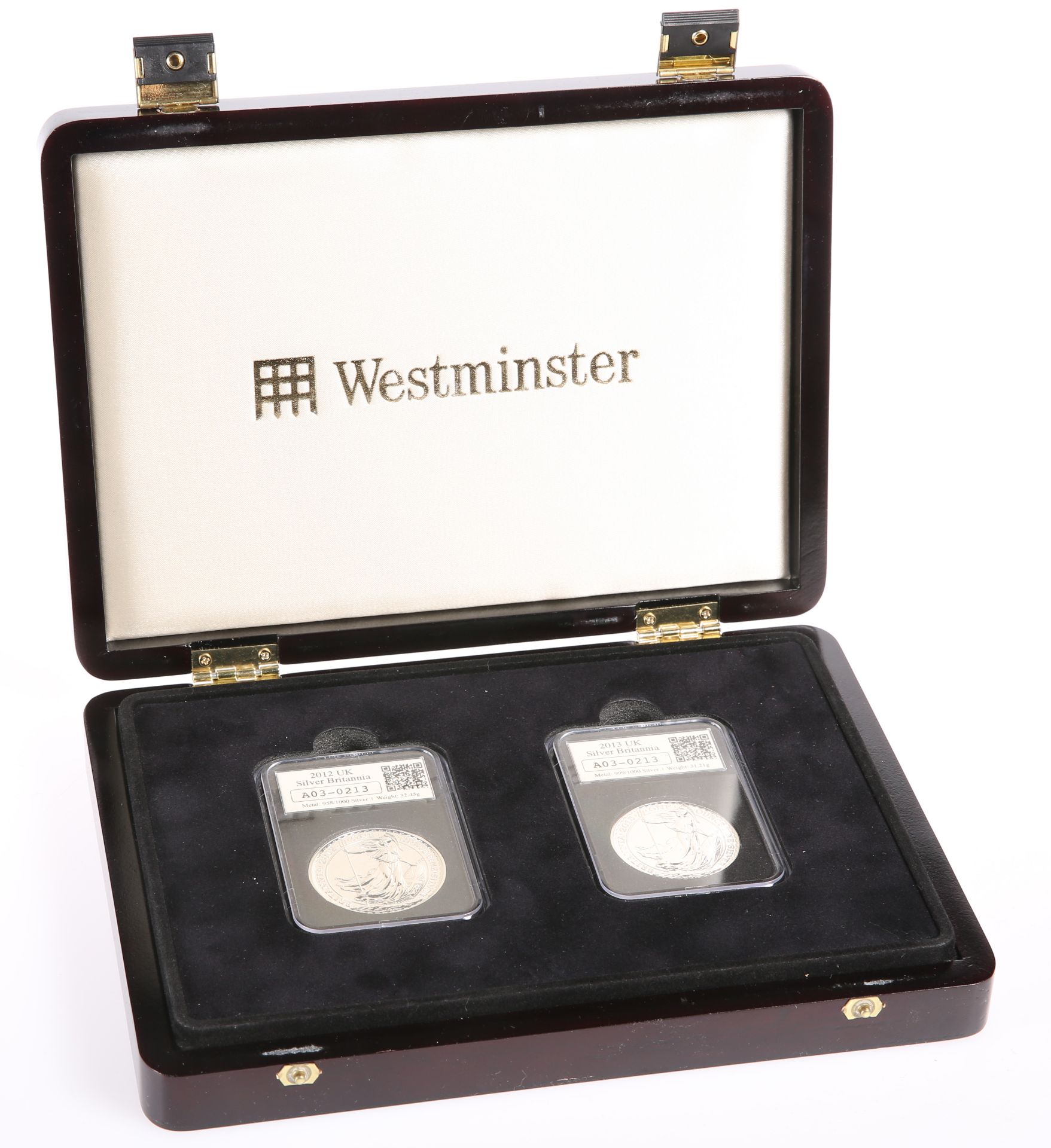 A DATESTAMP TWO-COIN '958' AND '999' SILVER BRITANNIA SET, comprising 2012 and 2013, boxed with COA - Bild 3 aus 3
