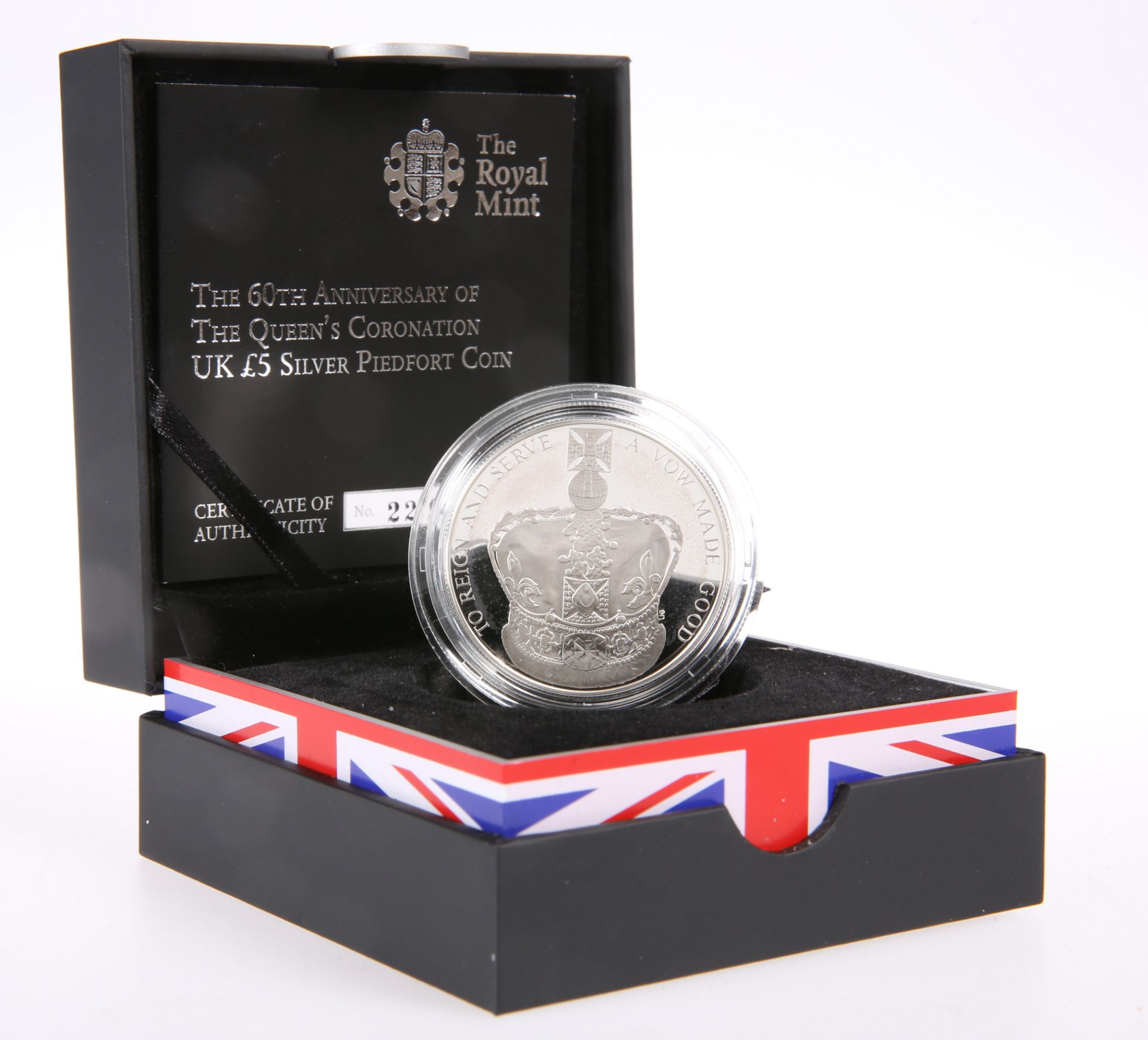 A ROYAL MINT £5 SILVER PIEDFORT COIN, "THE 60TH ANNIVERSARY OF THE QUEEN'S CORONATION", boxed with