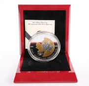 A ROYAL CANADIAN MINT 2013 5OZ $50 FINE SILVER COIN, "25TH ANNIVERSARY OF THE SILVER MAPLE LEAF",