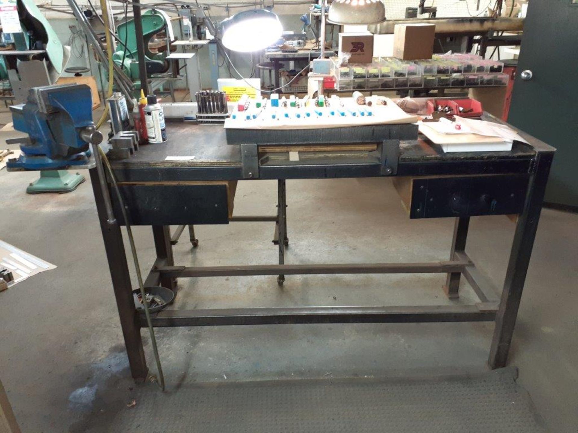 LOT: Metal Frame Work Table 24" x 60", c/w: #5 RECORD Vise & Clamp-on Lamp