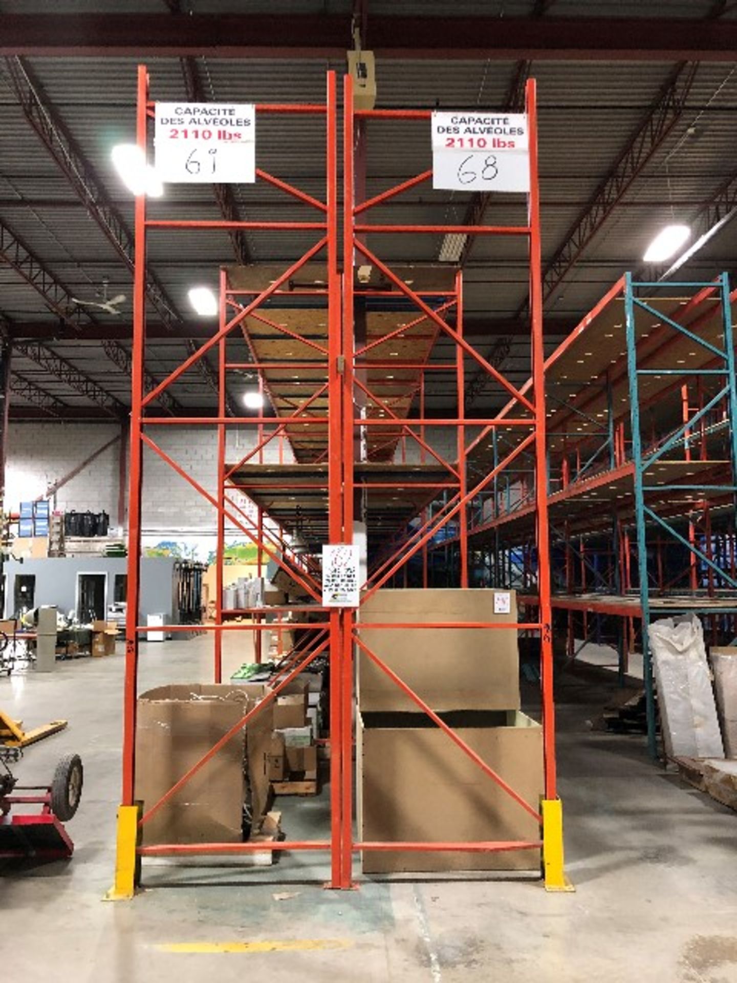 Pallet racking: H.16'xW.48”,82pcs 12'long bars w/63 MDF sheets & 134pcs safety bars,14 sections