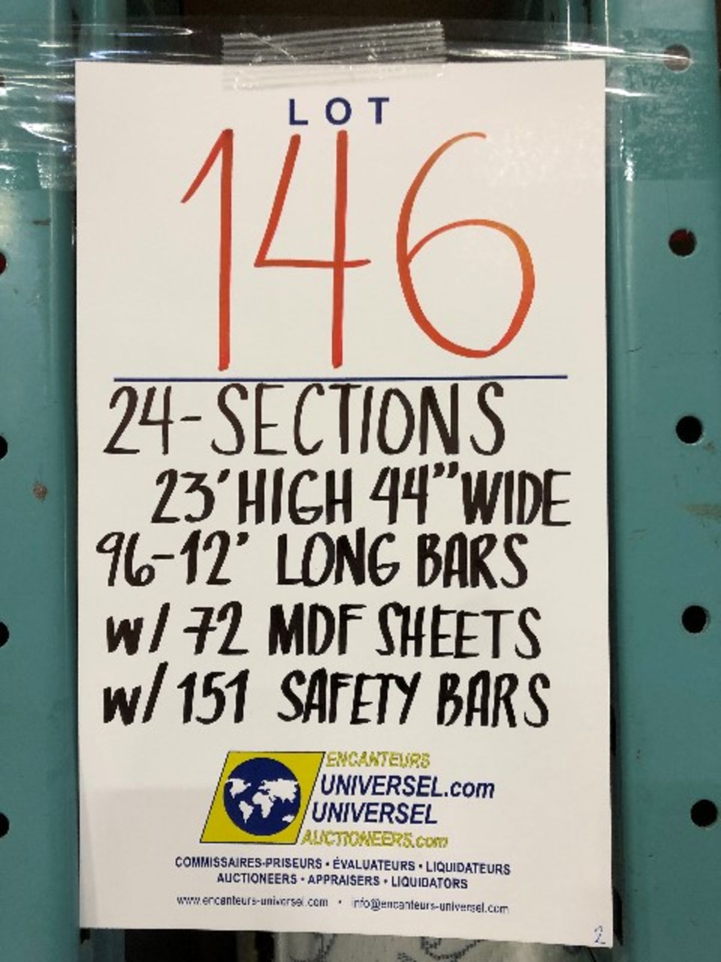 Pallet racking: H.23'xW.44”,96pcs 12'long bars w/72 MDF sheets & 151pcs safety bars,24 sections - Image 4 of 4