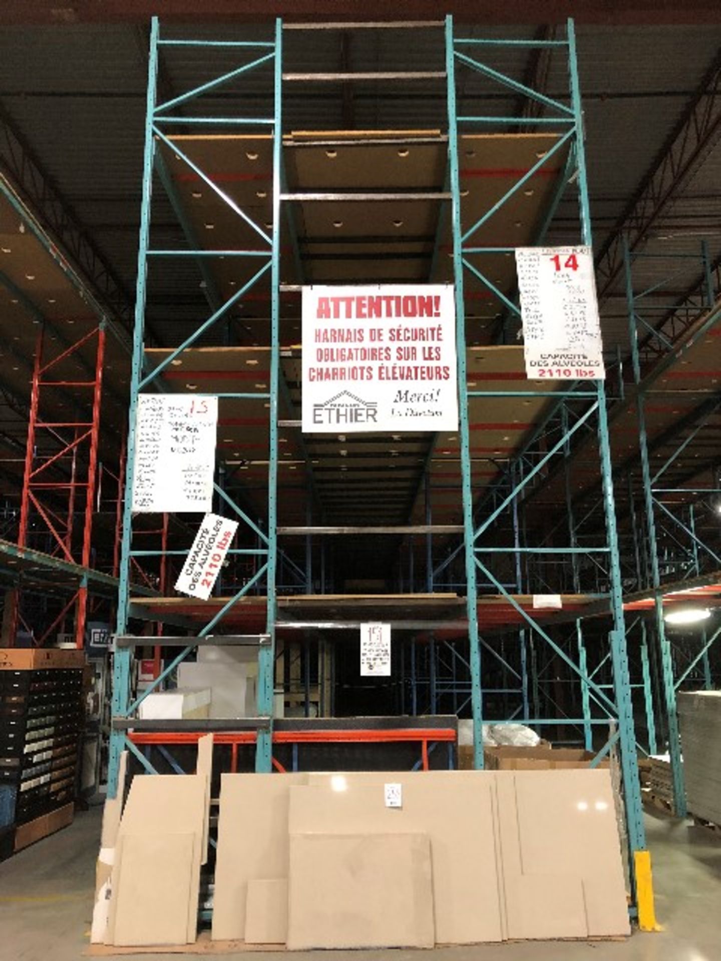 Pallet racking: H.23'xW.44”,140pcs 12'long bars w/157 MDF sheets & 432pcs safety bars,24 sections