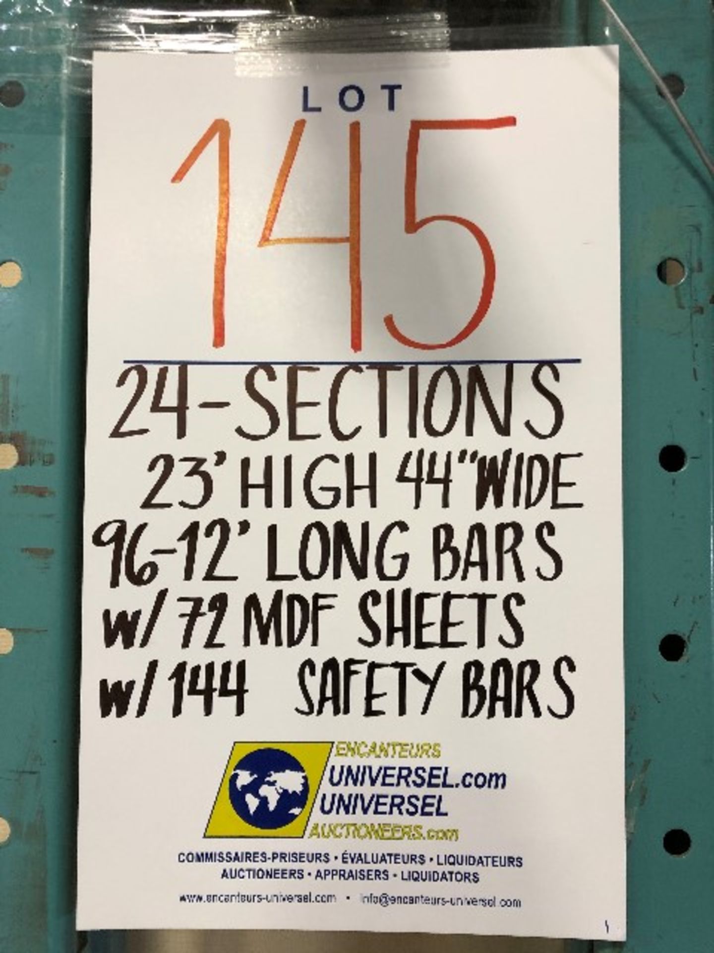 Pallet racking: H.23'xW.44”,96pcs 12'long bars w/72 MDF sheets & 144pcs safety bars,24 sections - Image 4 of 4