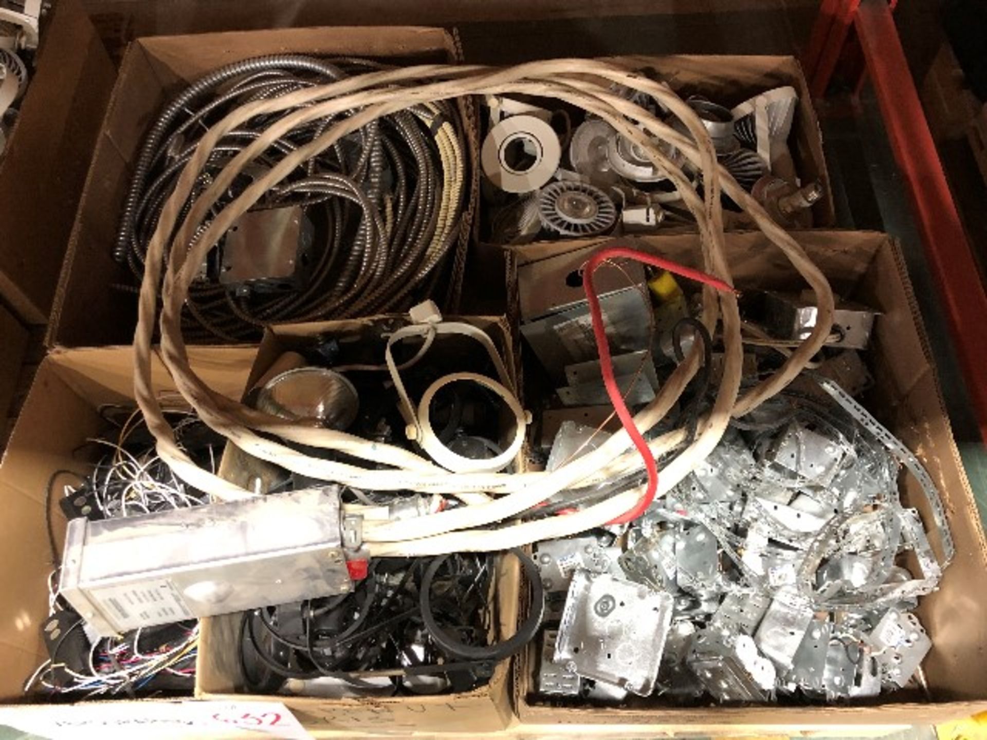 LOT: Assorted wires, fixtures, lights, etc..., 5 boxes