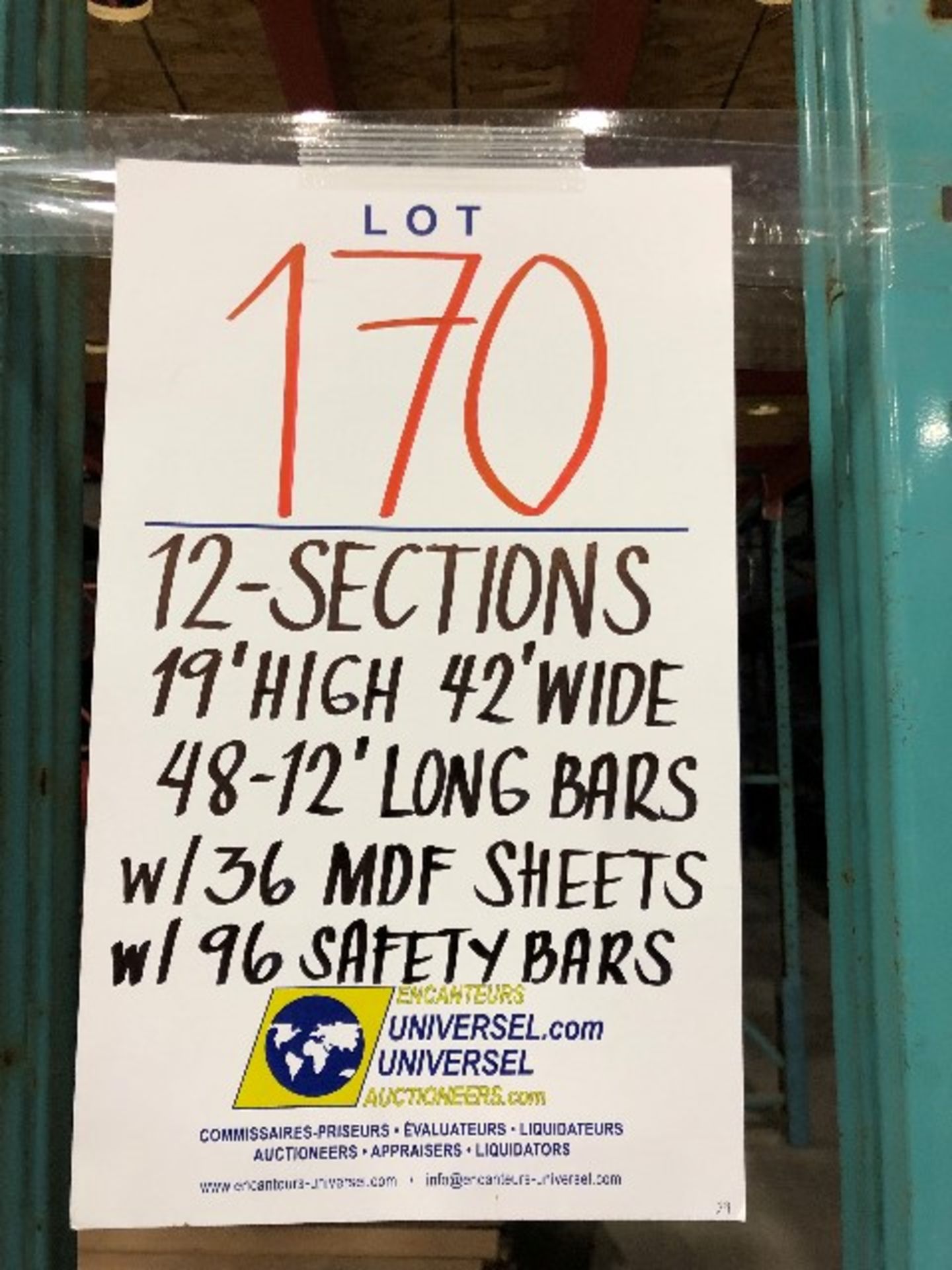 Pallet racking: H.19'xW.42”,48pcs 12'long bars w/36 MDF sheets & 96 safety bars,12 sections - Image 3 of 3