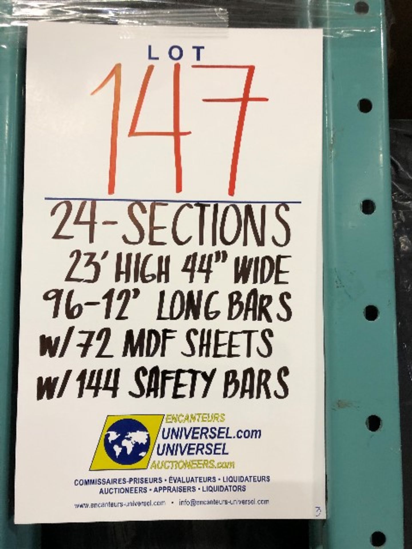 Pallet racking: H.23'xW.44”,96pcs 12'long bars w/72 MDF sheets & 144pcs safety bars,24 sections - Image 3 of 3