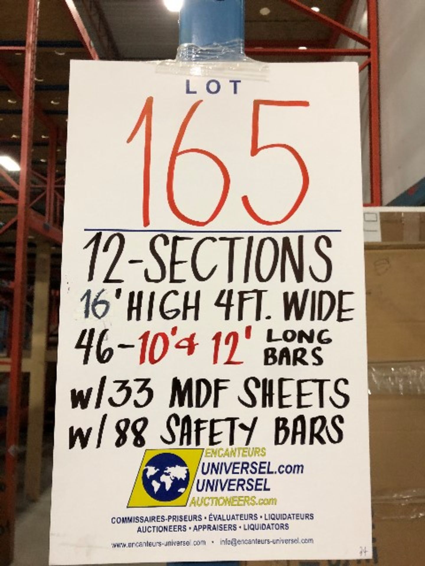 Pallet racking: H.16'xW.4',46pcs 10'&12'long bars w/33 MDF sheets & 88 safety bars,12 sections - Image 2 of 2