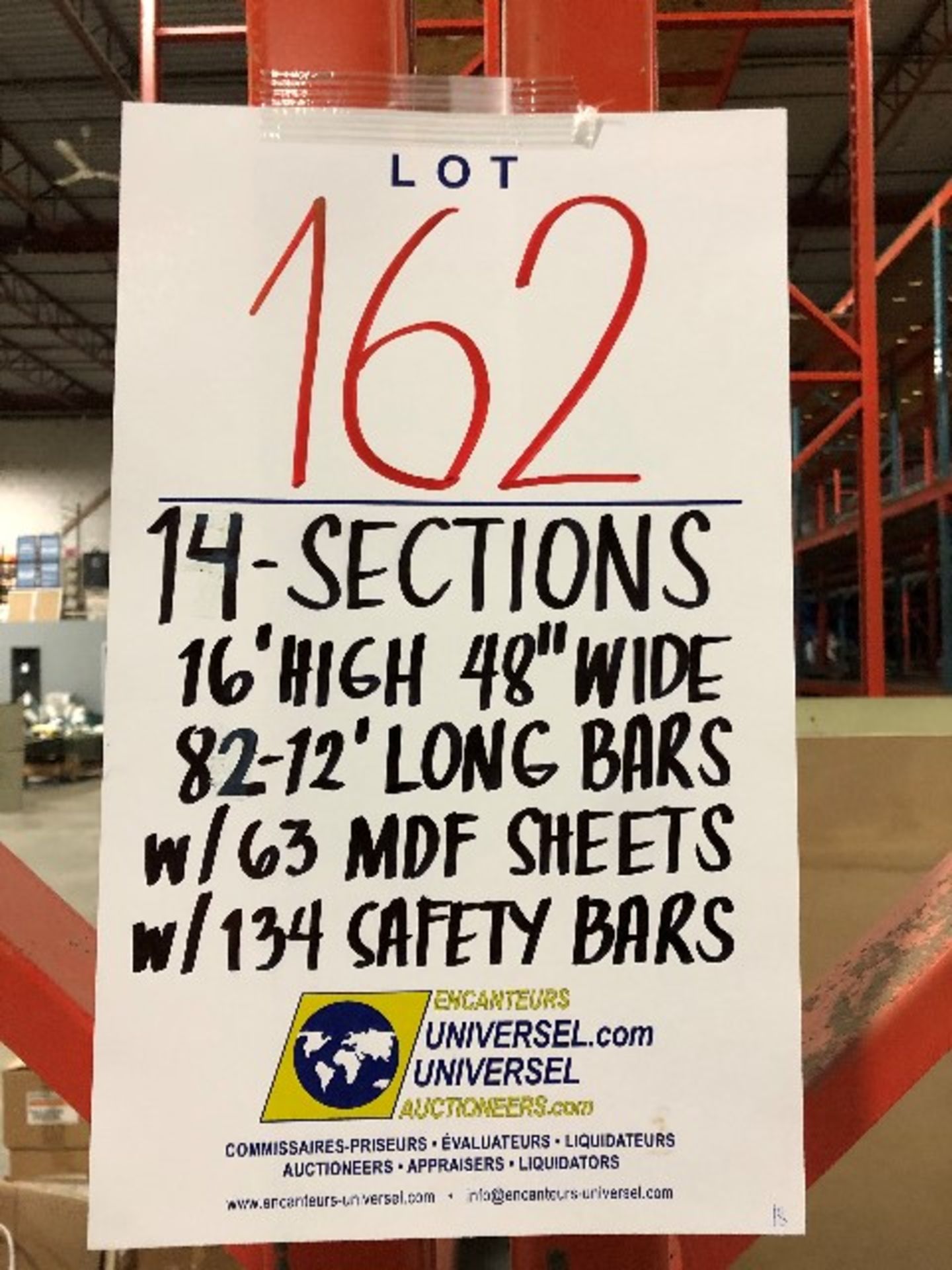 Pallet racking: H.16'xW.48”,82pcs 12'long bars w/63 MDF sheets & 134pcs safety bars,14 sections - Image 3 of 3