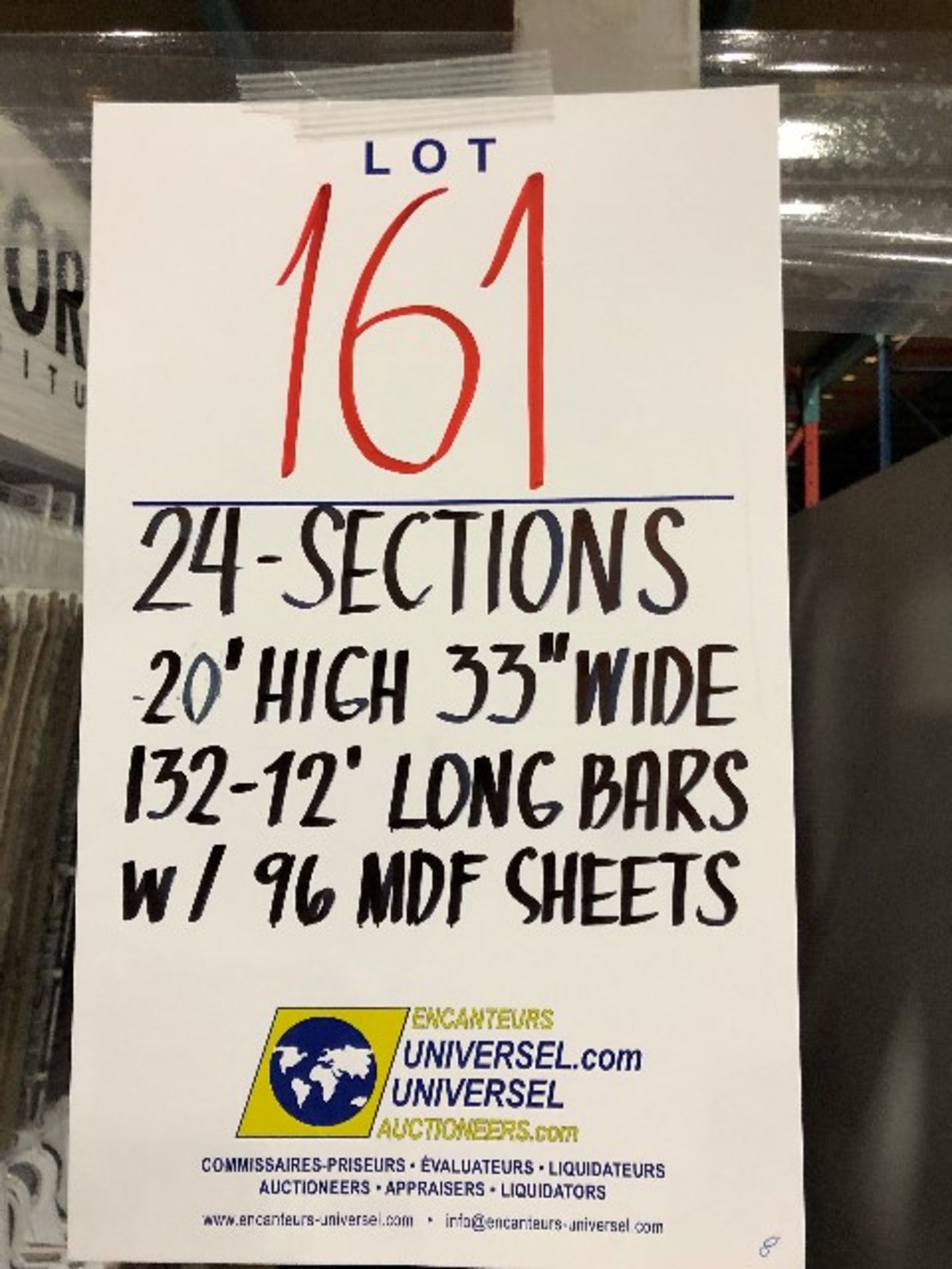 Pallet racking: H.20'xW.33”,132pcs 12'long bars w/96 MDF sheets,24 sections - Image 3 of 3