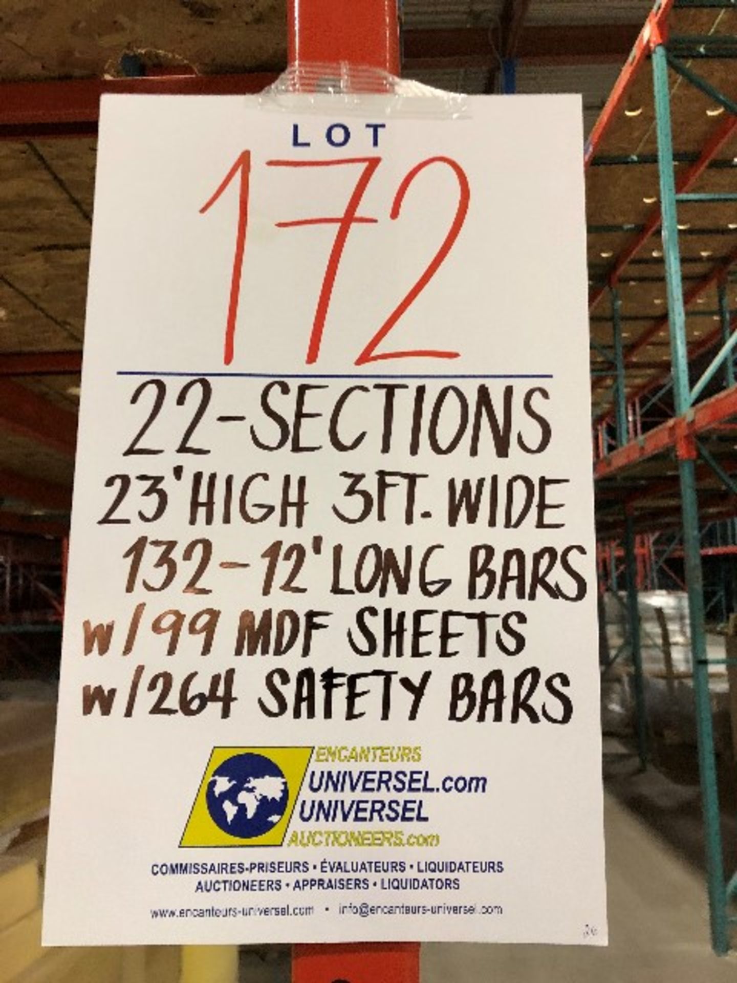 Pallet racking: H.23'xW.3',132pcs 12'long bars w/99 MDF sheets & 264 safety bars,22 sections - Image 3 of 3