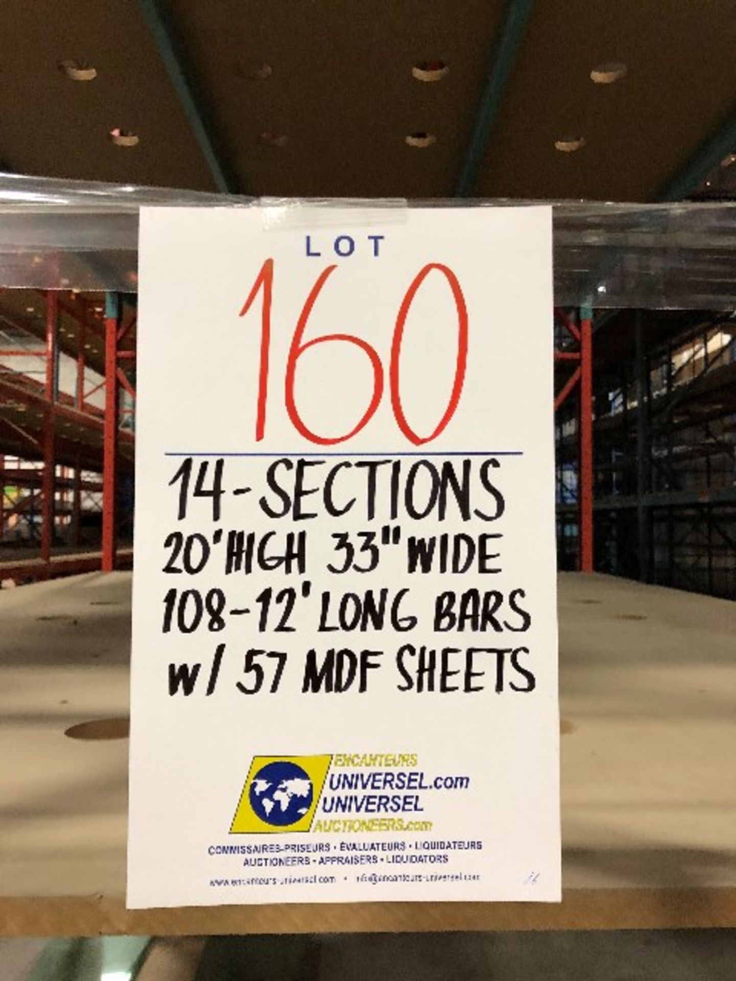Pallet racking: H.20'xW.33”,108pcs 12'long bars w/57 MDF sheets,14 sections - Image 3 of 3