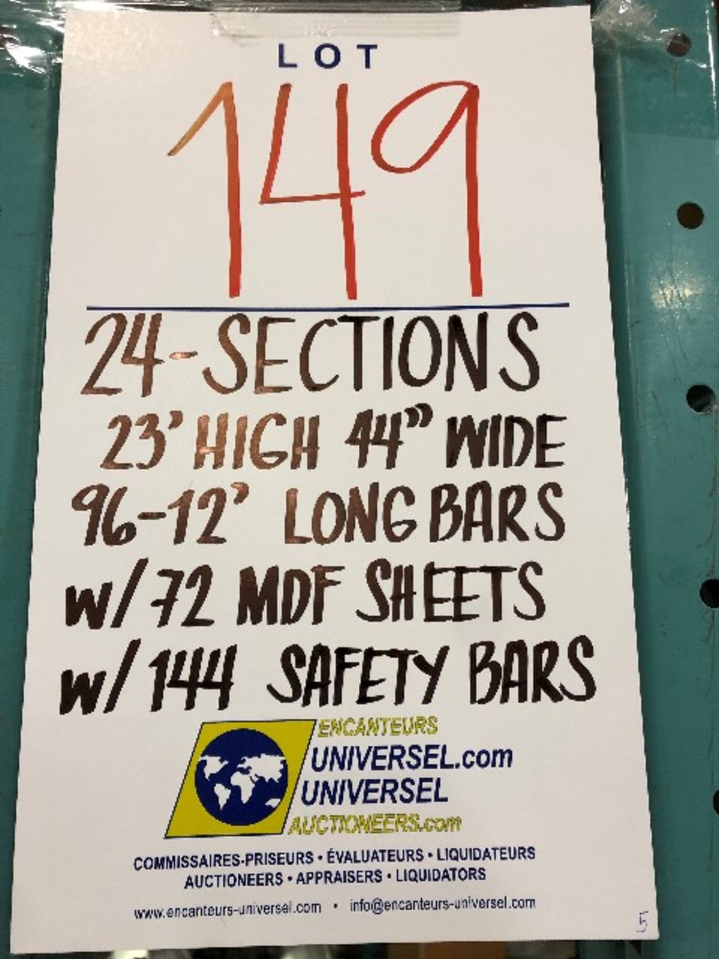 Pallet racking: H.23'xW.44”,96pcs 12'long bars w/72 MDF sheets & 144pcs safety bars,24 sections - Image 3 of 3