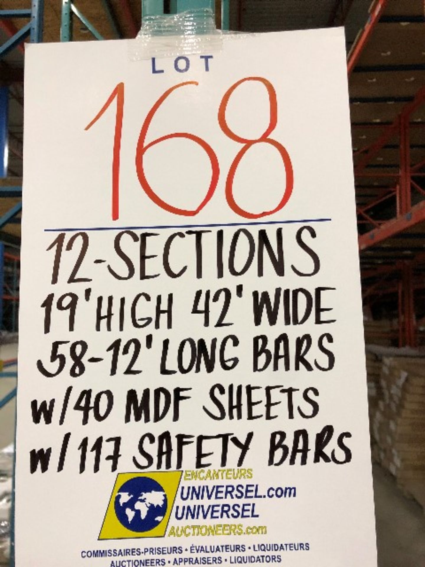 Pallet racking: H.19'xW.42”,58pcs 12'long bars w/40 MDF sheets & 117 safety bars,12 sections - Image 3 of 3