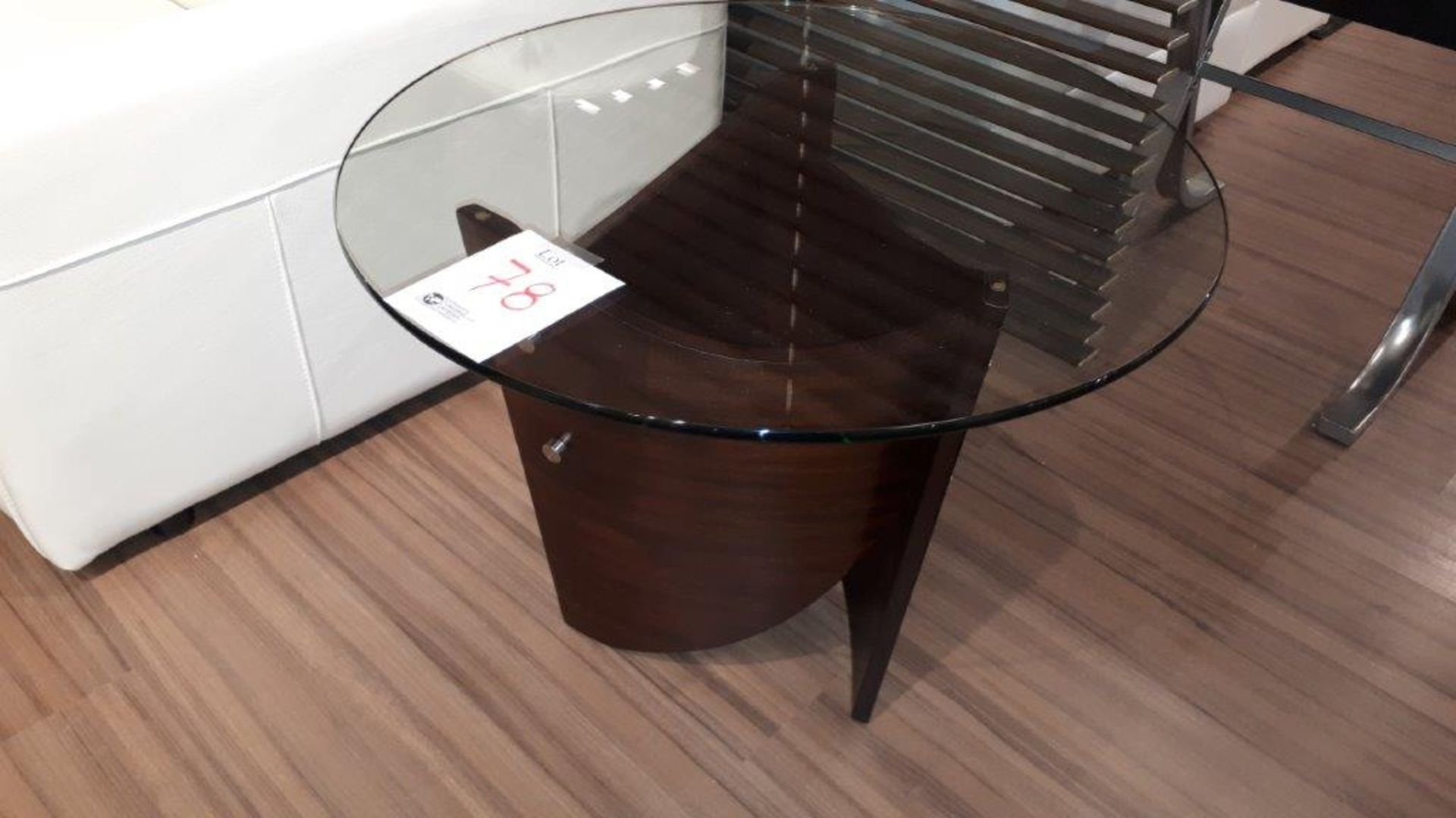 Wood round glass table, diameter 30”