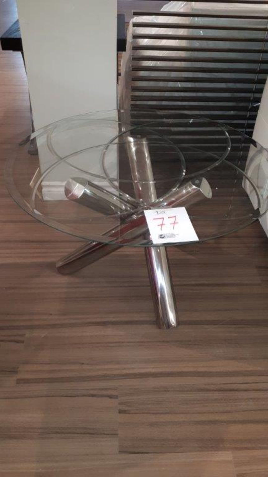 Metal round glass table, diameter 33”