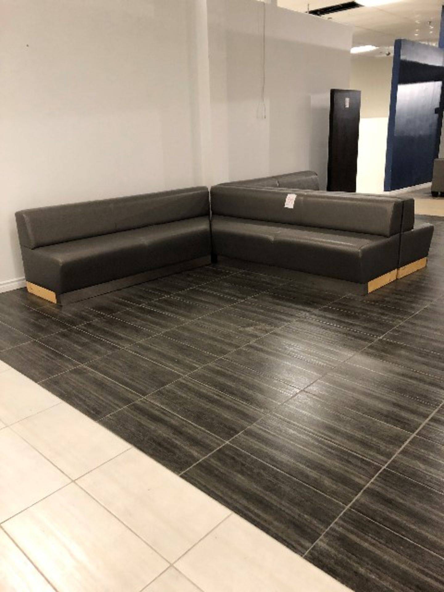 Banquette bench, open back, “L” shape, 94”x94”